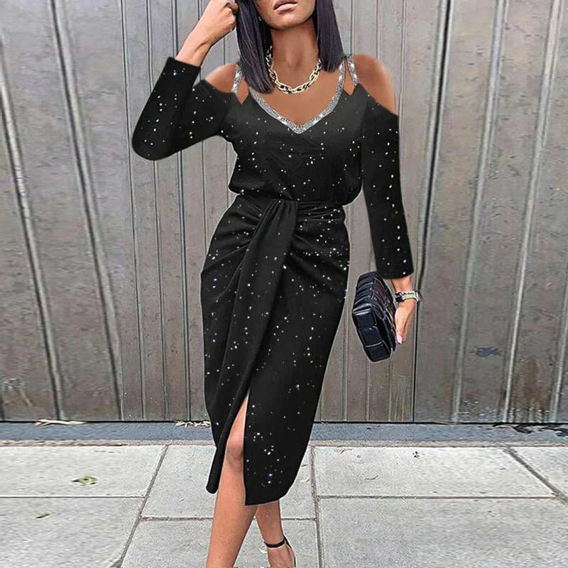 Round Neck Cold Shoulder Tie Waist Slit Midi Dress - View 5