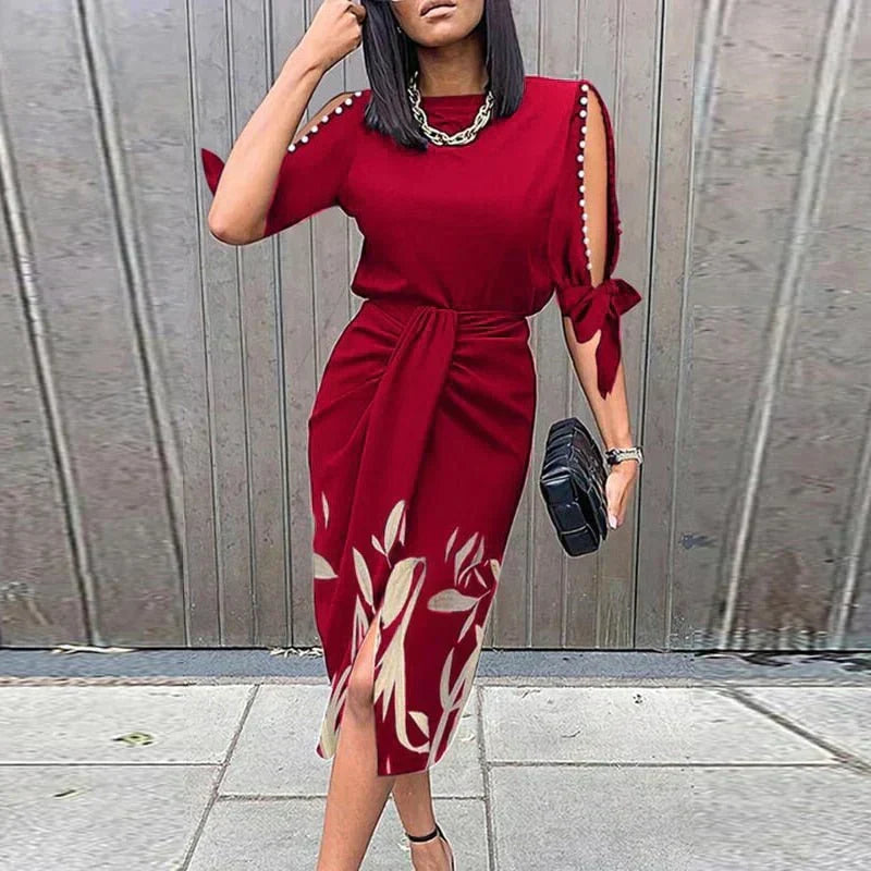 Round Neck Cold Shoulder Tie Waist Slit Midi Dress - View 3