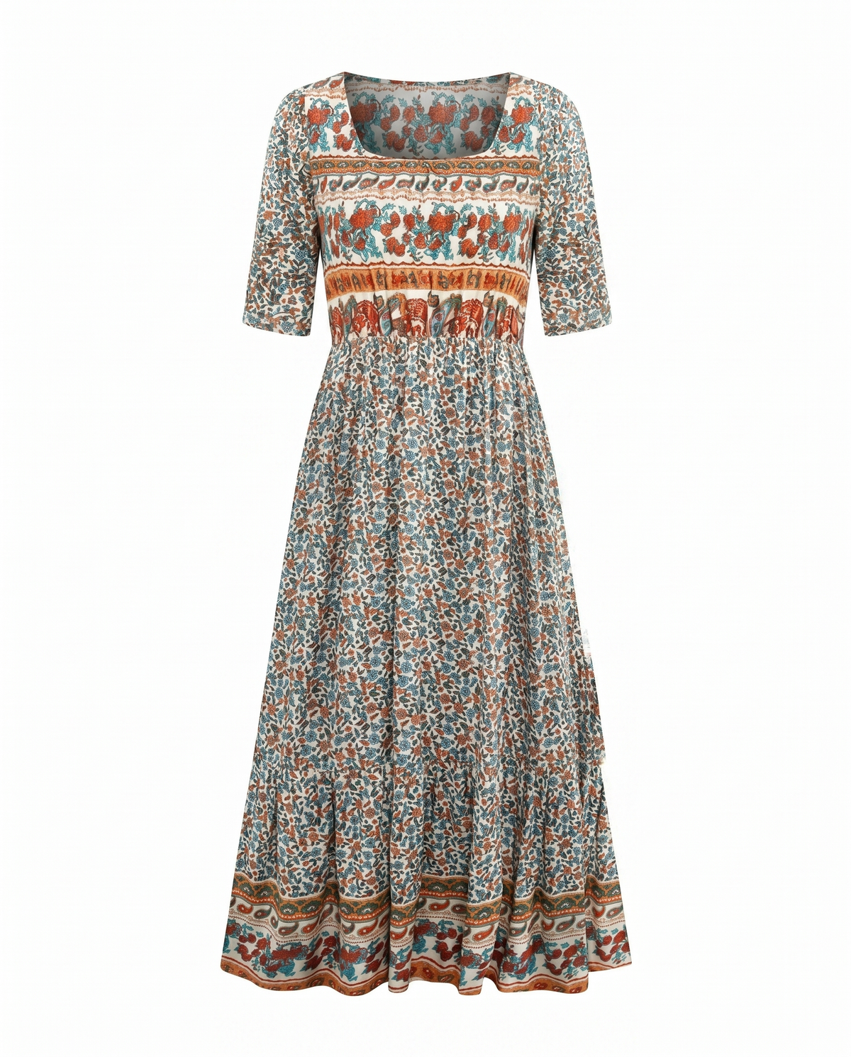 Boho Floral Square Neck Short Sleeve Tiered Midi Dress 6