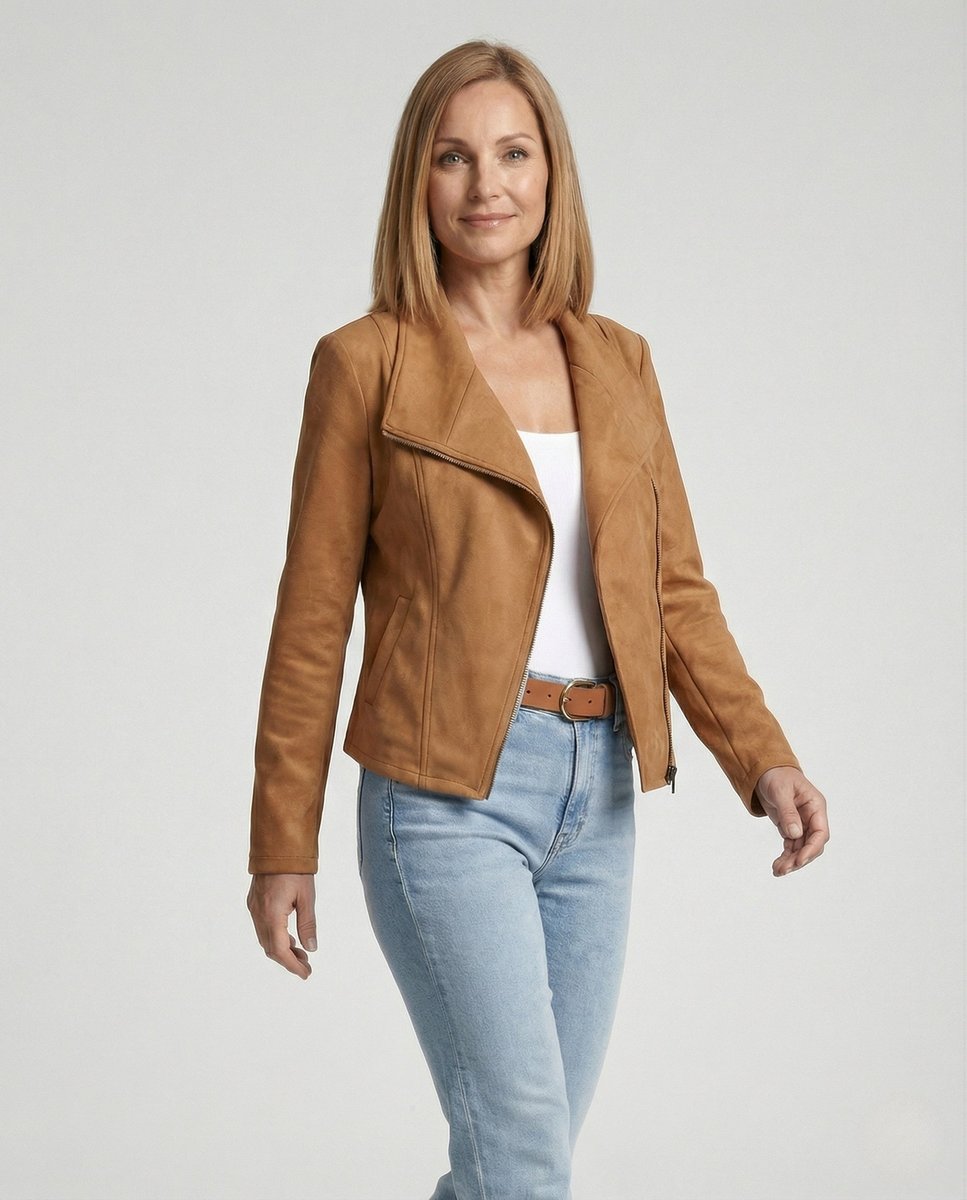 Asymmetric Zip Draped Collar Faux Suede Biker Jacket 2