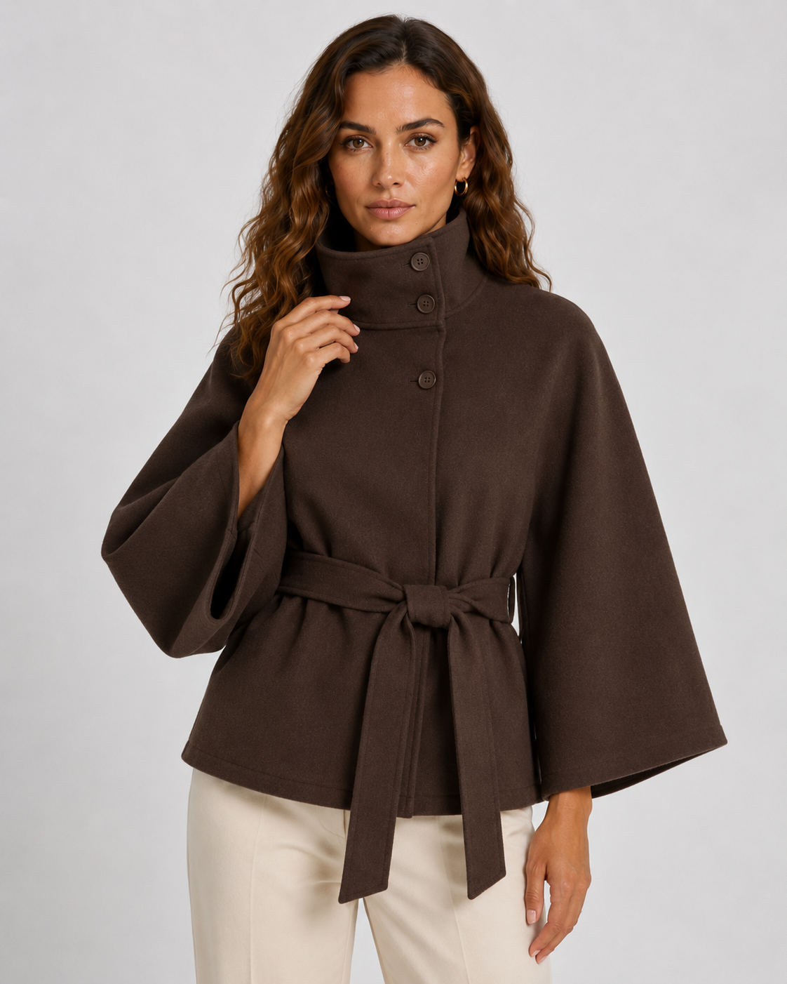 Belted Funnel Neck Wide Sleeve Cape Coat 6