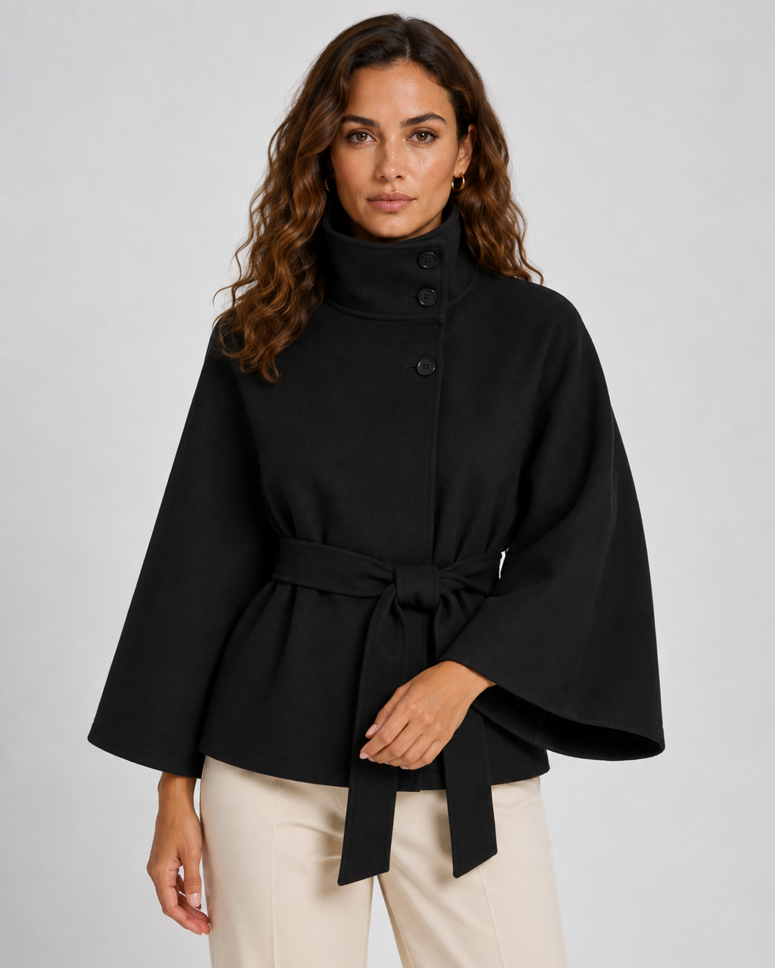 Belted Funnel Neck Wide Sleeve Cape Coat 8
