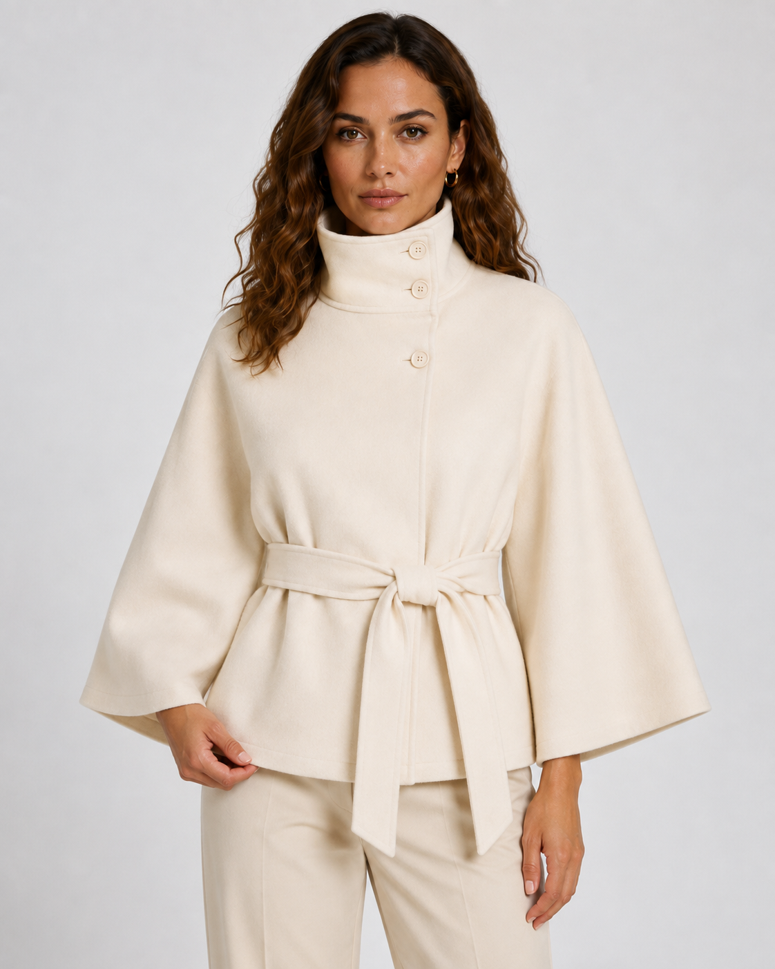 Belted Funnel Neck Wide Sleeve Cape Coat 9