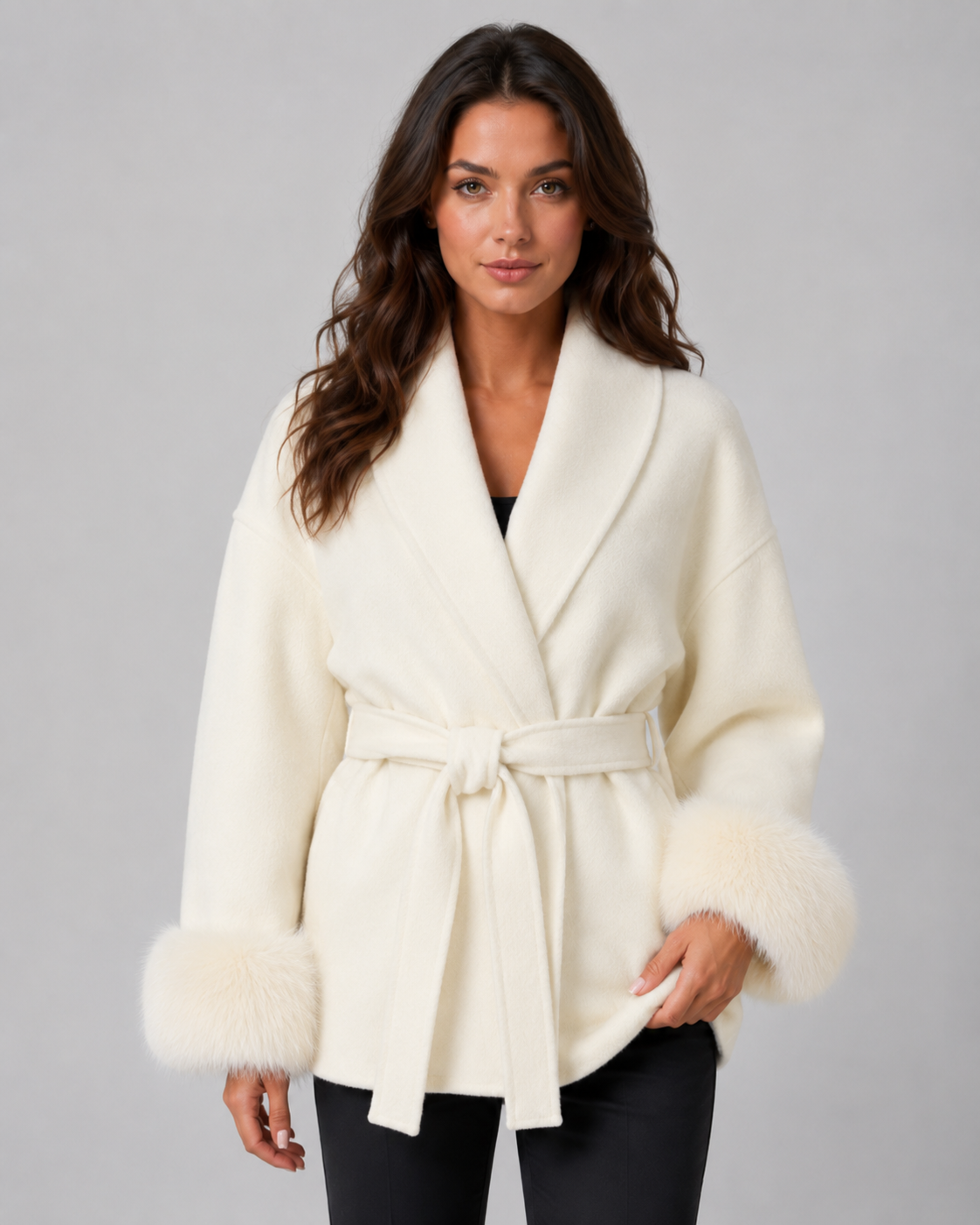 Shawl Collar Belted Faux Fur Cuff Wrap Coat 4