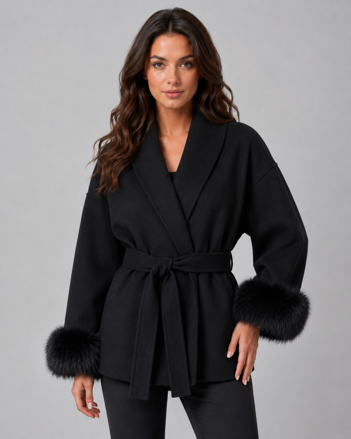Shawl Collar Belted Faux Fur Cuff Wrap Coat 7