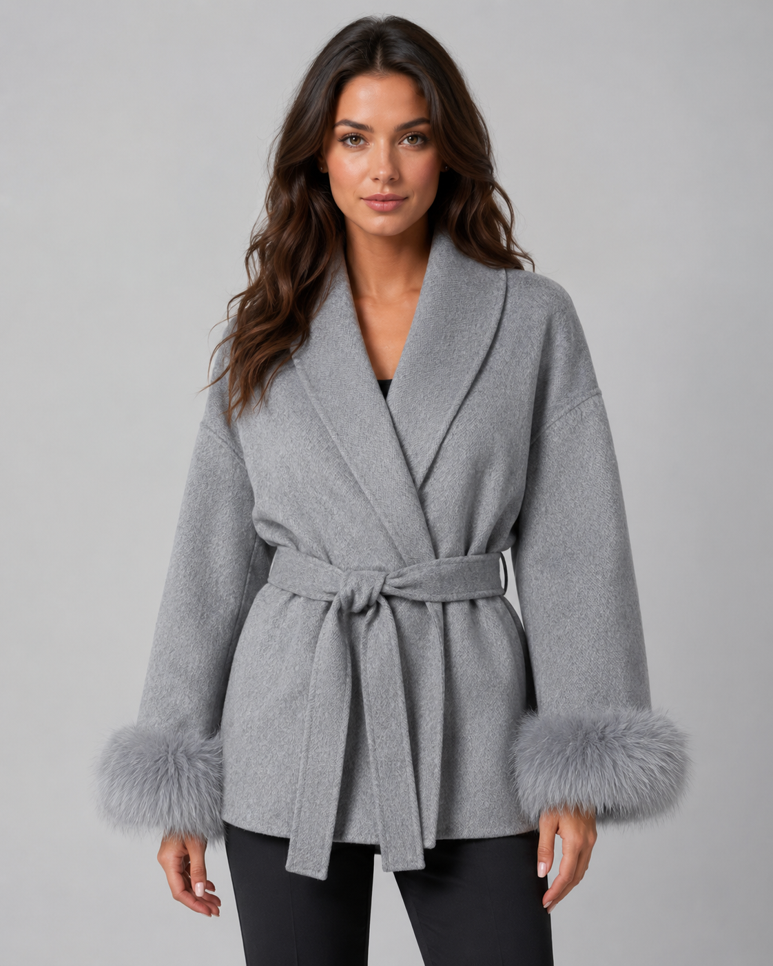 Shawl Collar Belted Faux Fur Cuff Wrap Coat 9