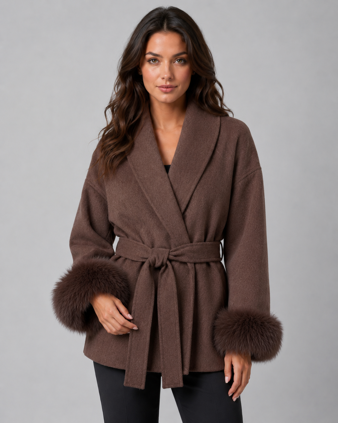 Shawl Collar Belted Faux Fur Cuff Wrap Coat