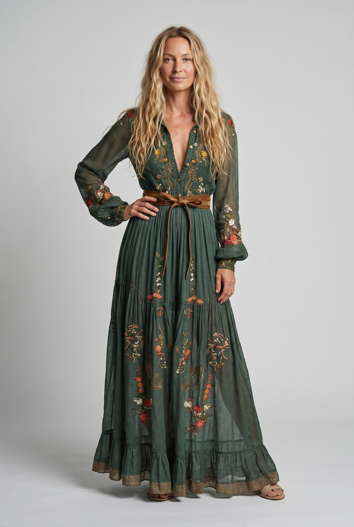 Embroidered Deep V-Neck Puff Sleeve Belted Boho Maxi Dress 2