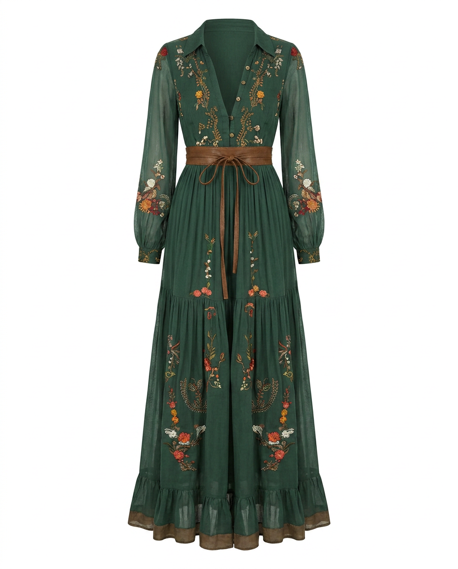 Embroidered Deep V-Neck Puff Sleeve Belted Boho Maxi Dress 6