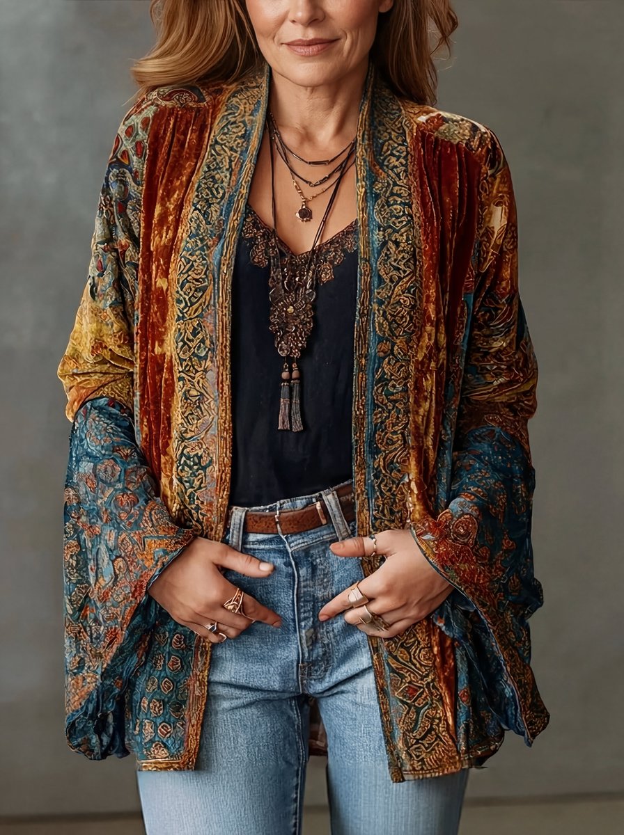 Paisley Print Velvet Open Front Kimono Jacket 3
