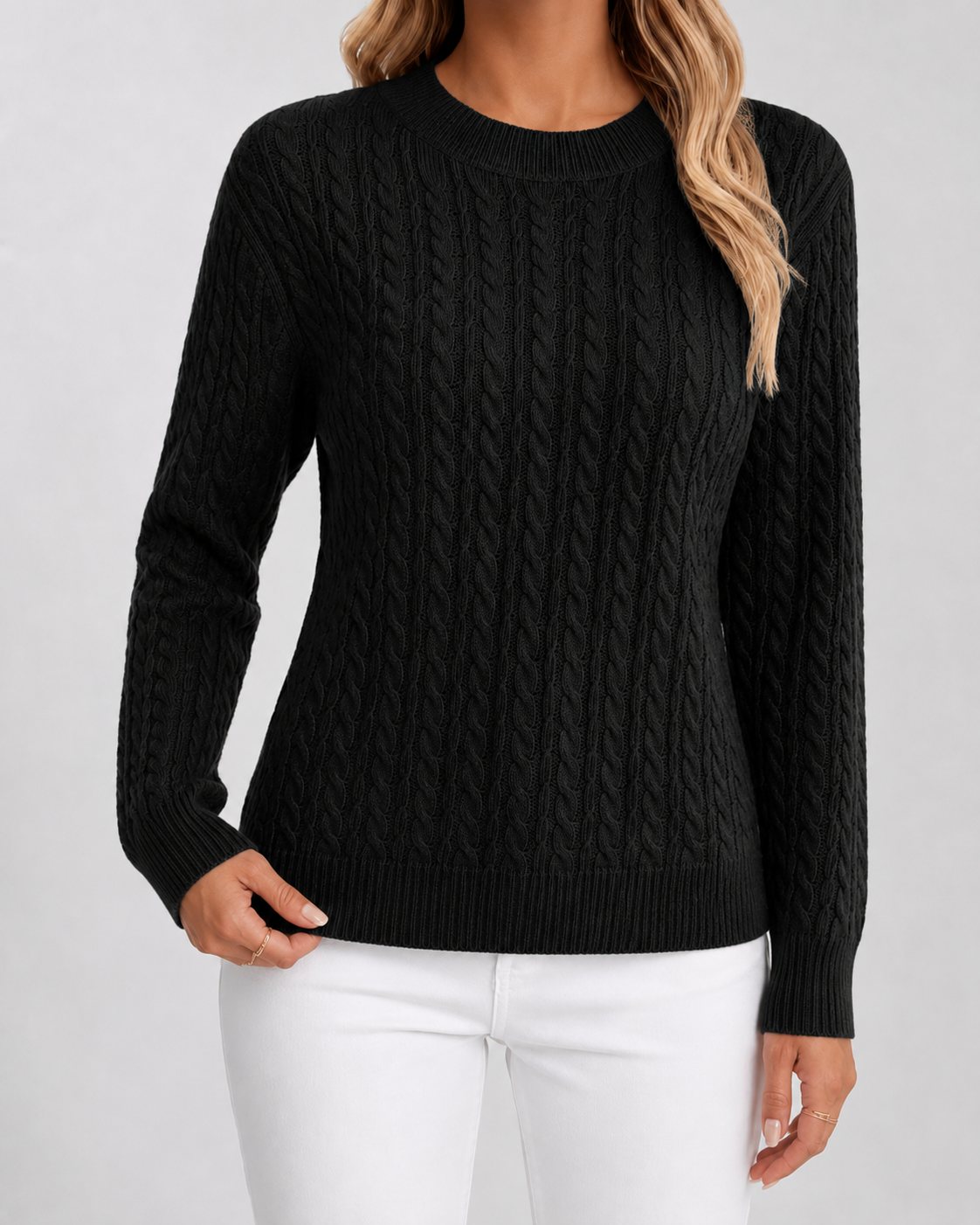 Cable Knit Crew Neck Long Sleeve Sweater 2