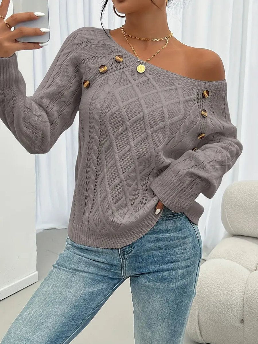 Round Neck Cable Knit Button Shoulder Sweater 12
