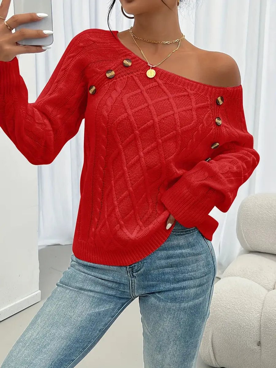 Round Neck Cable Knit Button Shoulder Sweater 14