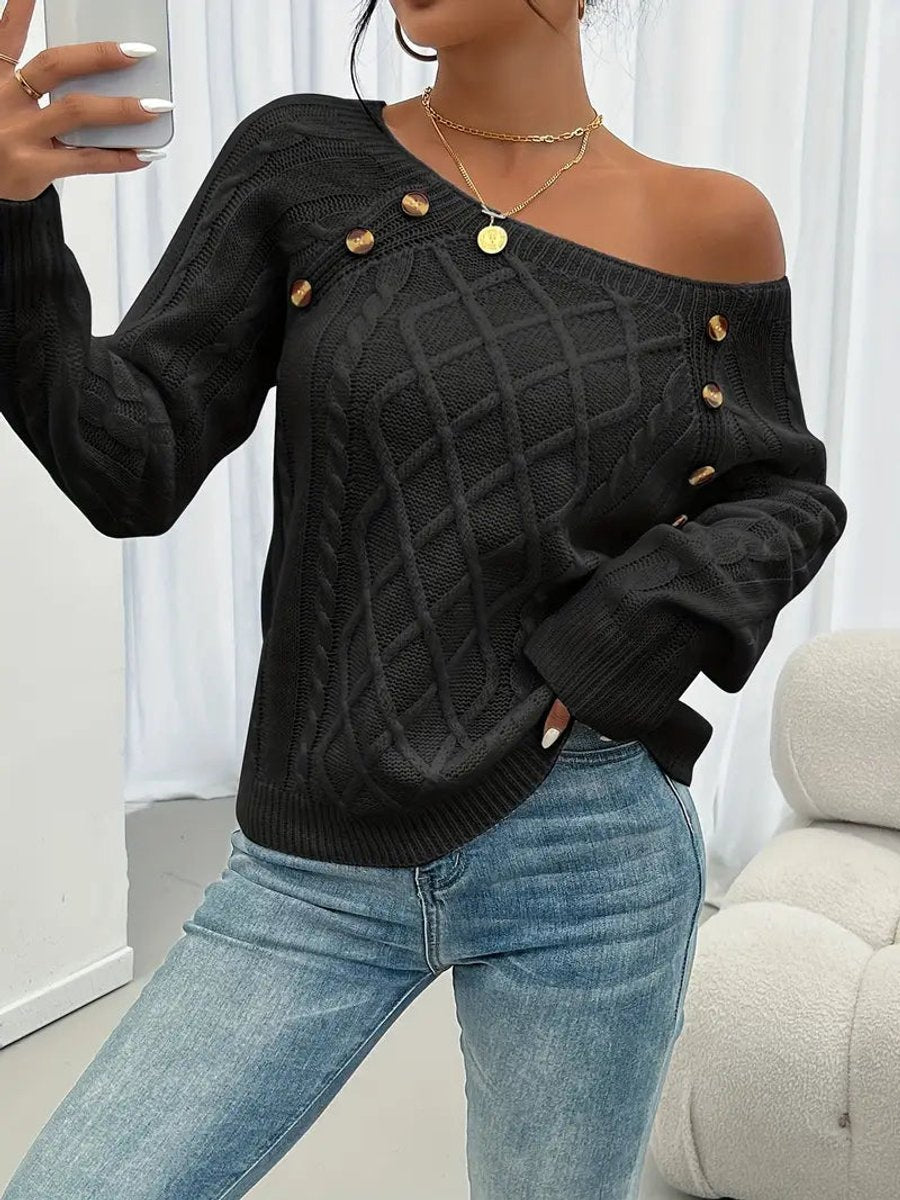 Round Neck Cable Knit Button Shoulder Sweater 4