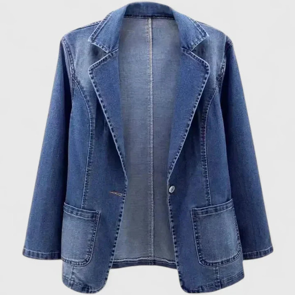Notched Lapel Single Button Patch Pocket Denim Blazer 3