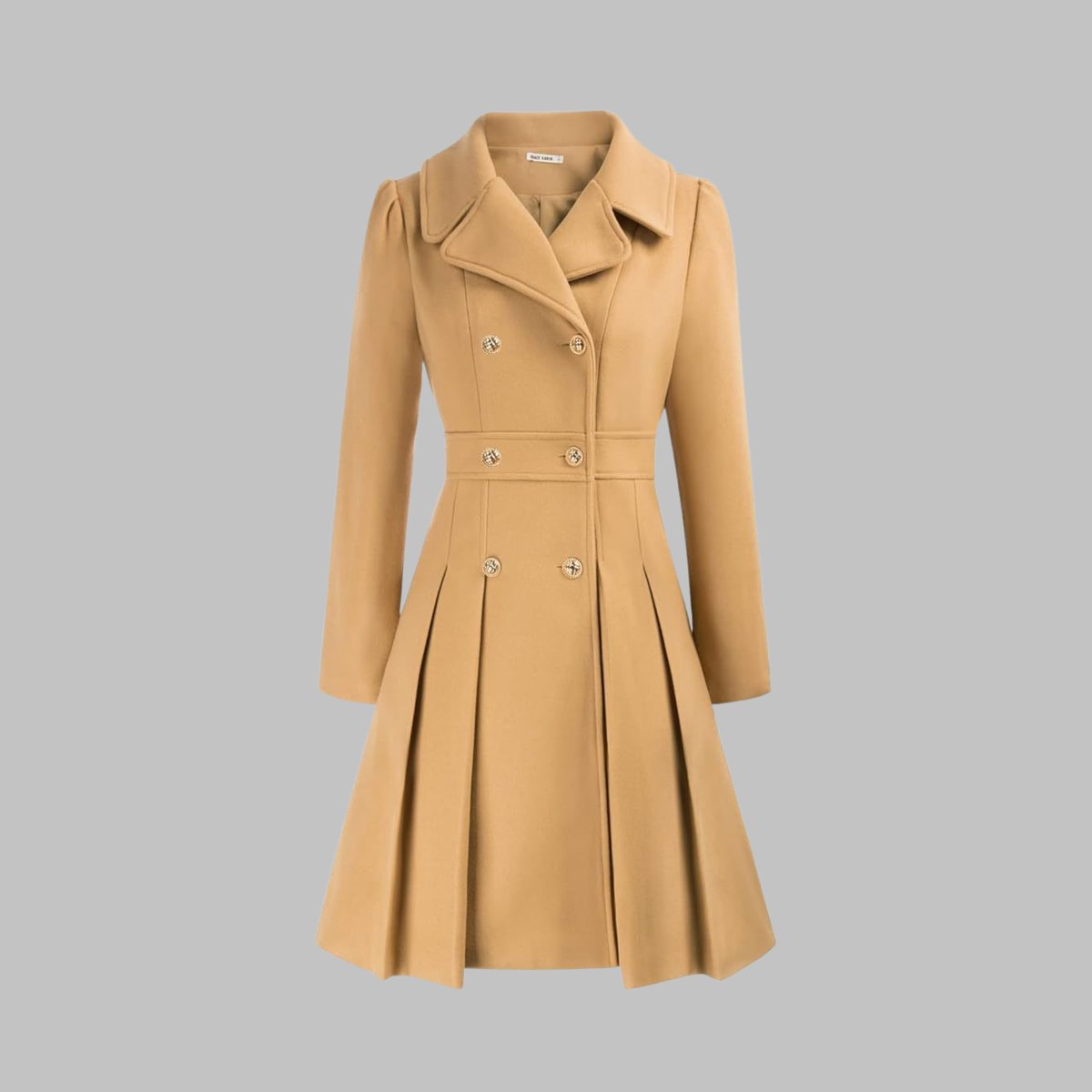 Double Breasted Notched Lapel Pleated A-Line Overcoat 14