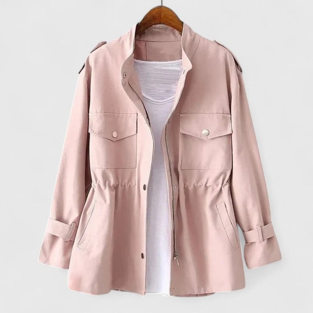 Stand Collar Zip Front Drawstring Waist Snap Pocket Utility Jacket