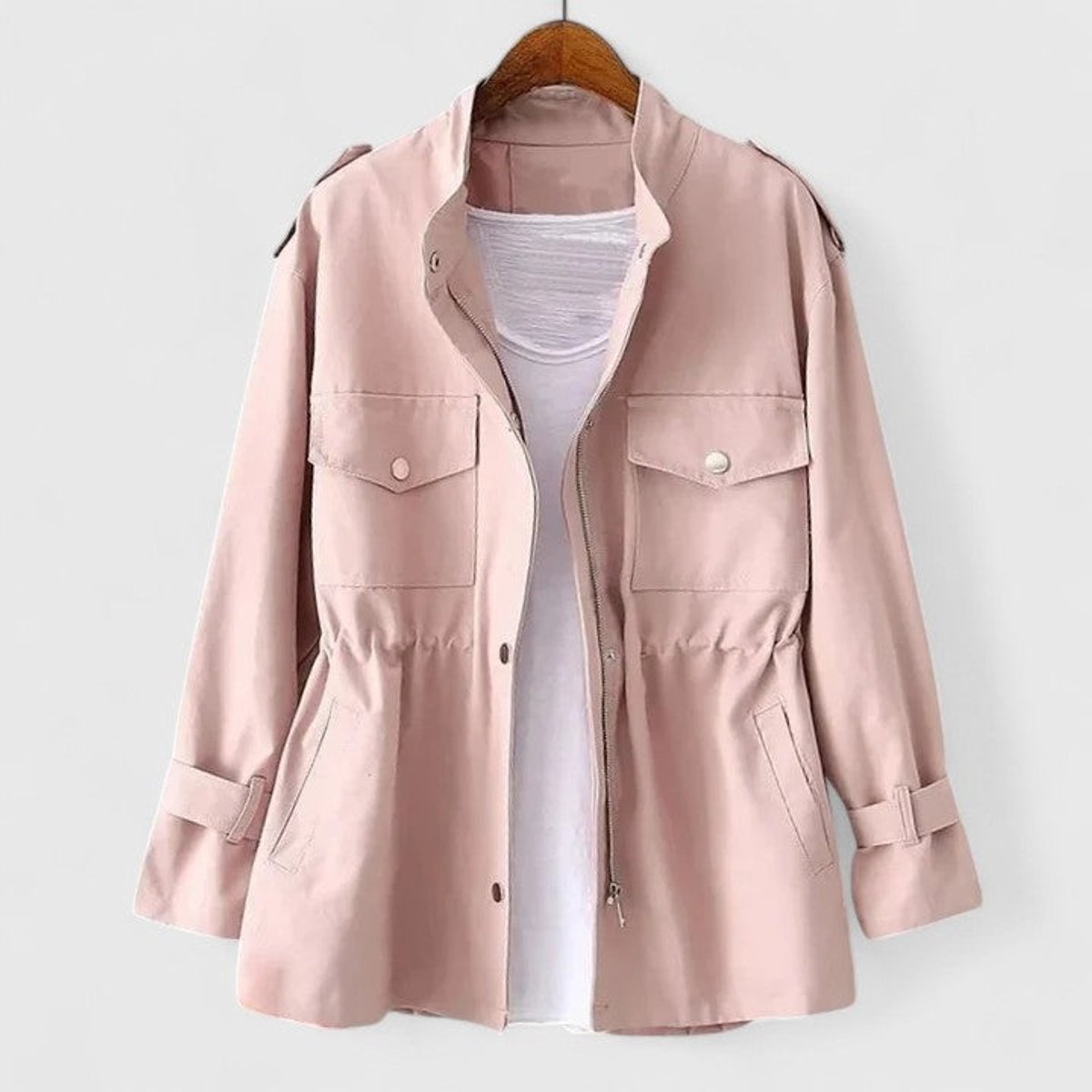 Stand Collar Zip Front Drawstring Waist Snap Pocket Utility Jacket 2