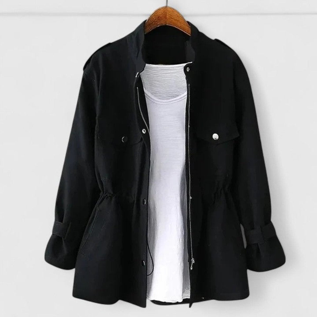 Stand Collar Zip Front Drawstring Waist Snap Pocket Utility Jacket 4