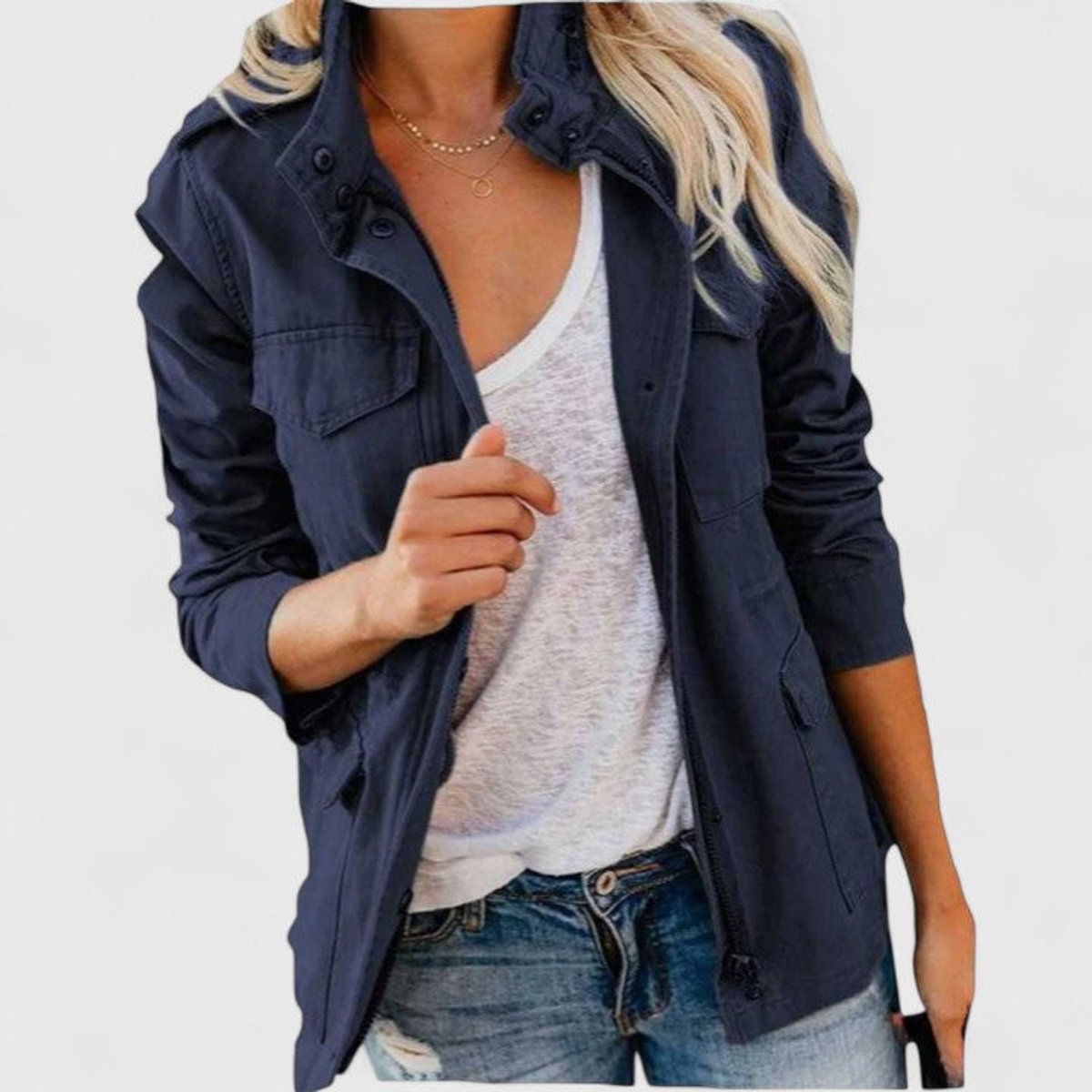 Stand Collar Snap Pocket Zip Front Utility Jacket 2