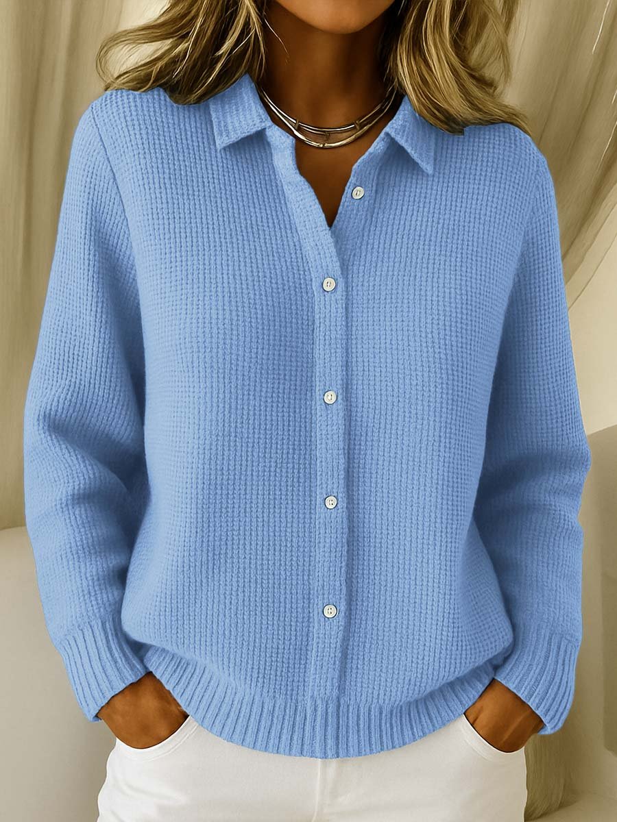 Collared Button Front Long Sleeve Waffle Knit Shirt 4