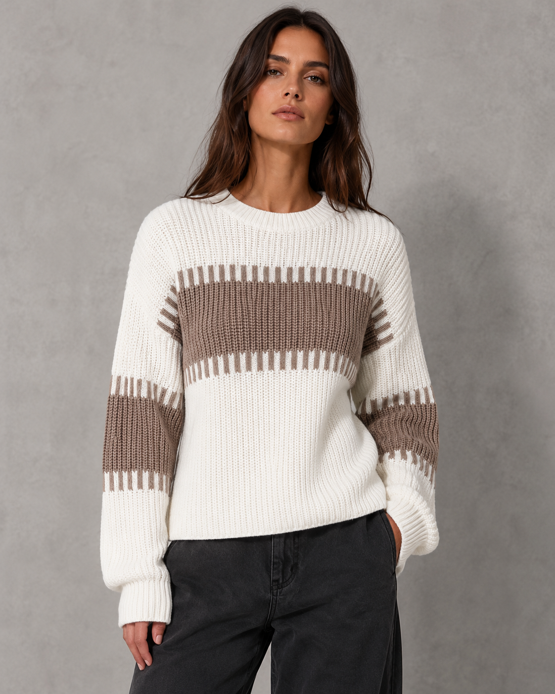 Striped Crew Neck Chunky Ribbed Knit Sweater 10