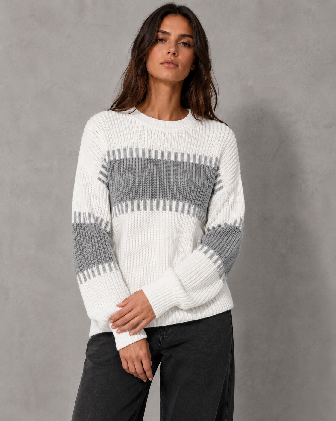 Striped Crew Neck Chunky Ribbed Knit Sweater 6