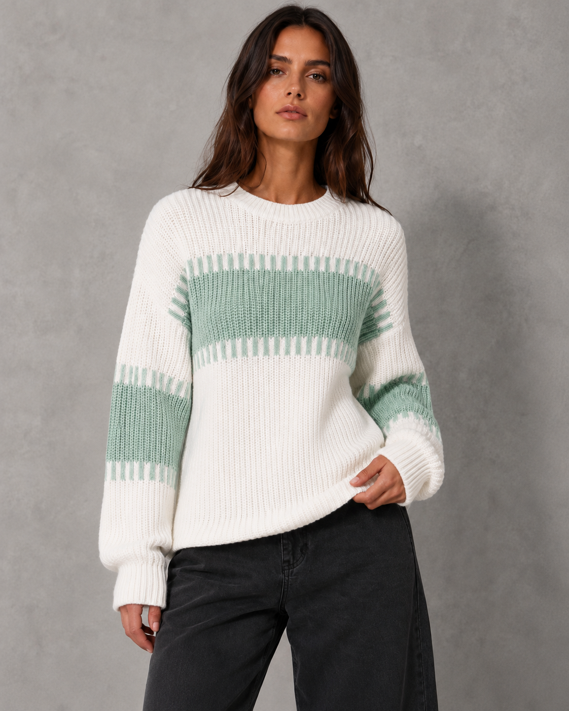 Striped Crew Neck Chunky Ribbed Knit Sweater 9