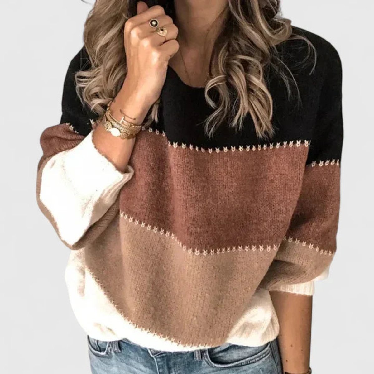 Round Neck Colorblock Striped Drop Shoulder Knit Sweater 2