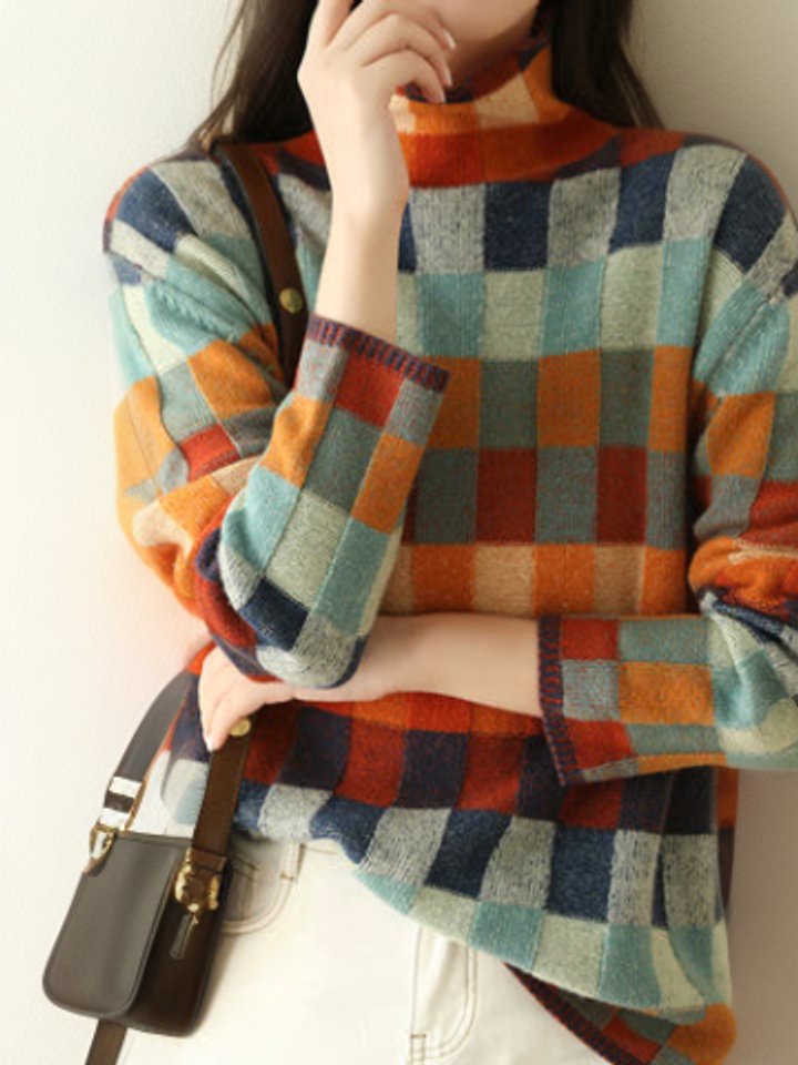 Colorblock Check Turtleneck Long Sleeve Knit Sweater 2