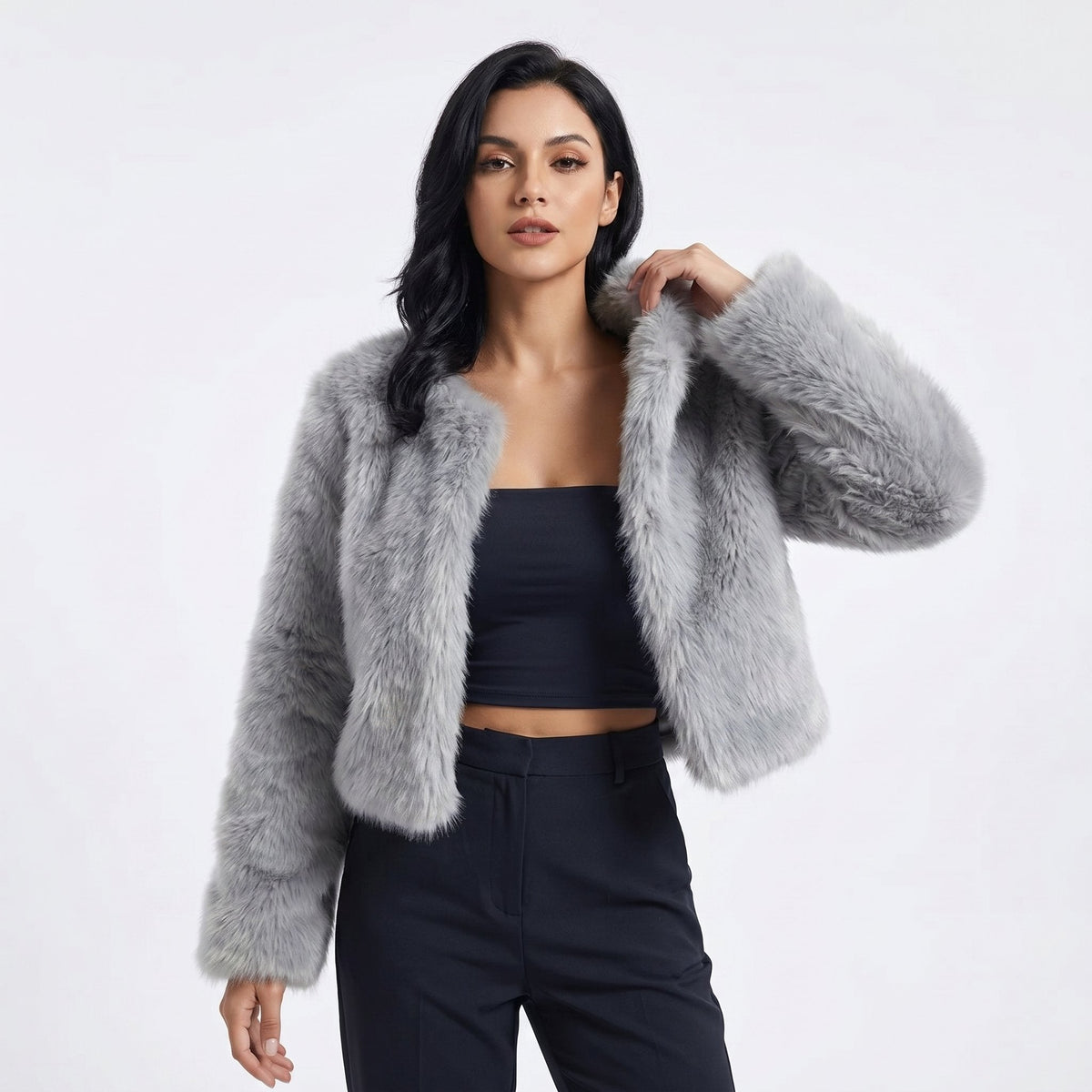 Open Front Cropped Faux Fur Long Sleeve Jacket
