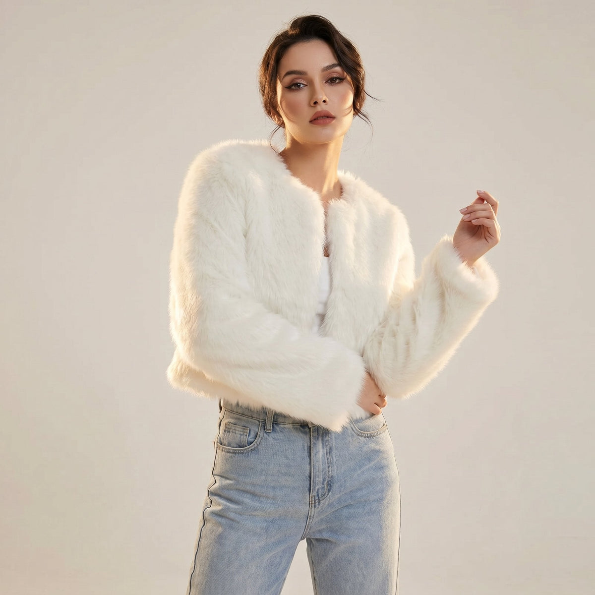 Open Front Cropped Faux Fur Long Sleeve Jacket 2