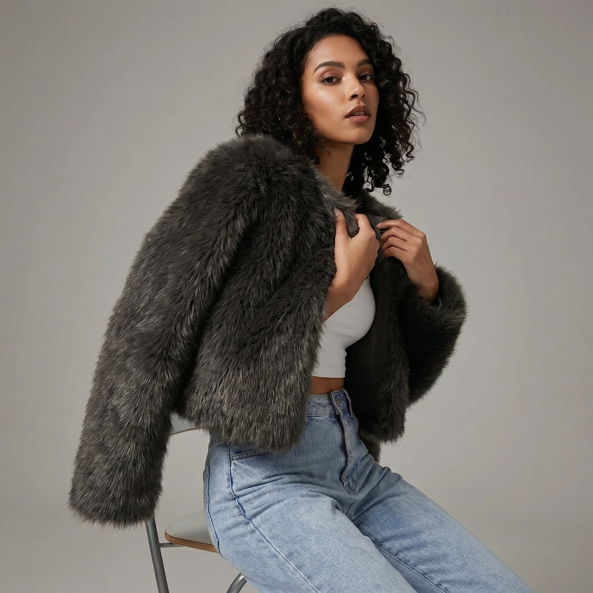 Open Front Cropped Faux Fur Long Sleeve Jacket 3