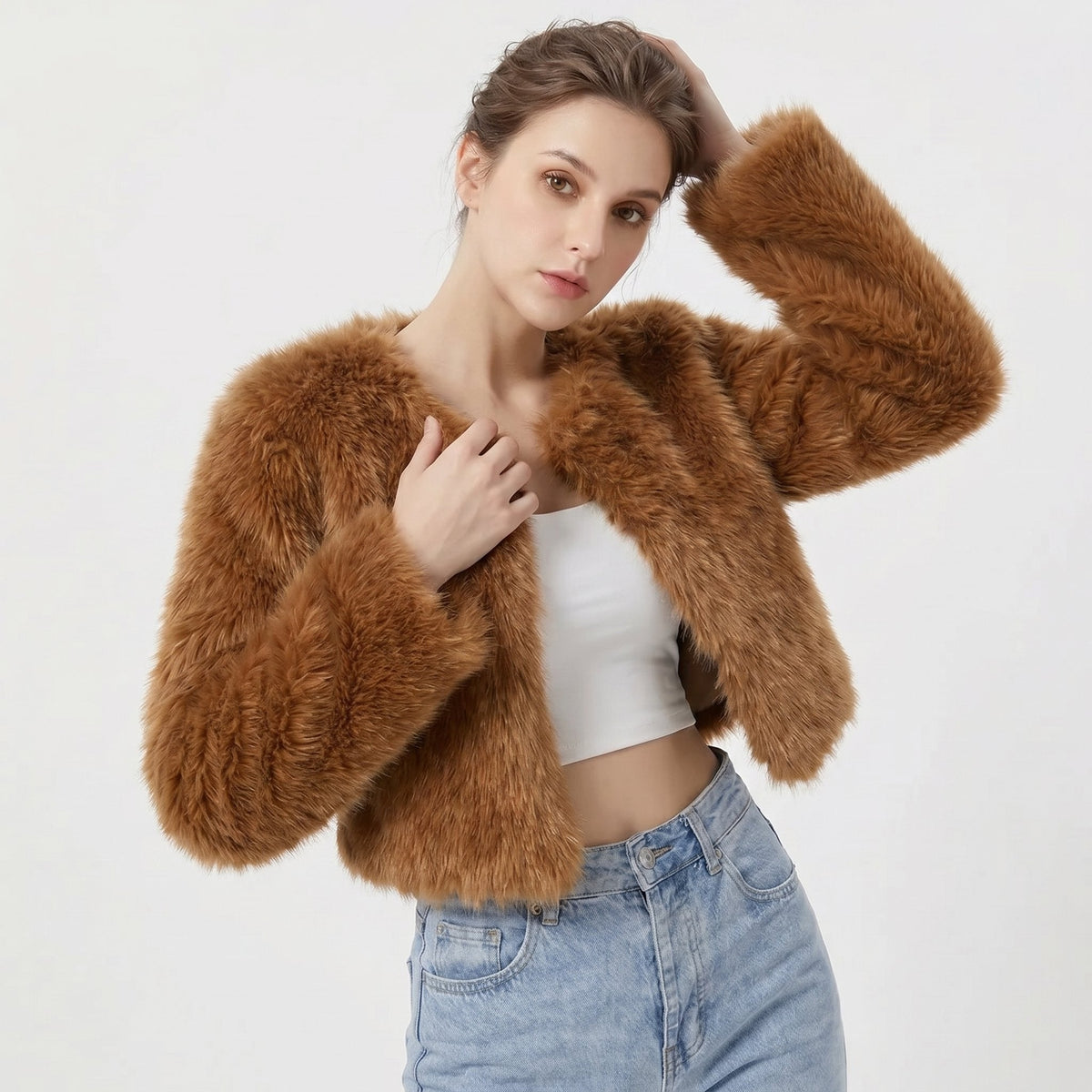 Open Front Cropped Faux Fur Long Sleeve Jacket 4
