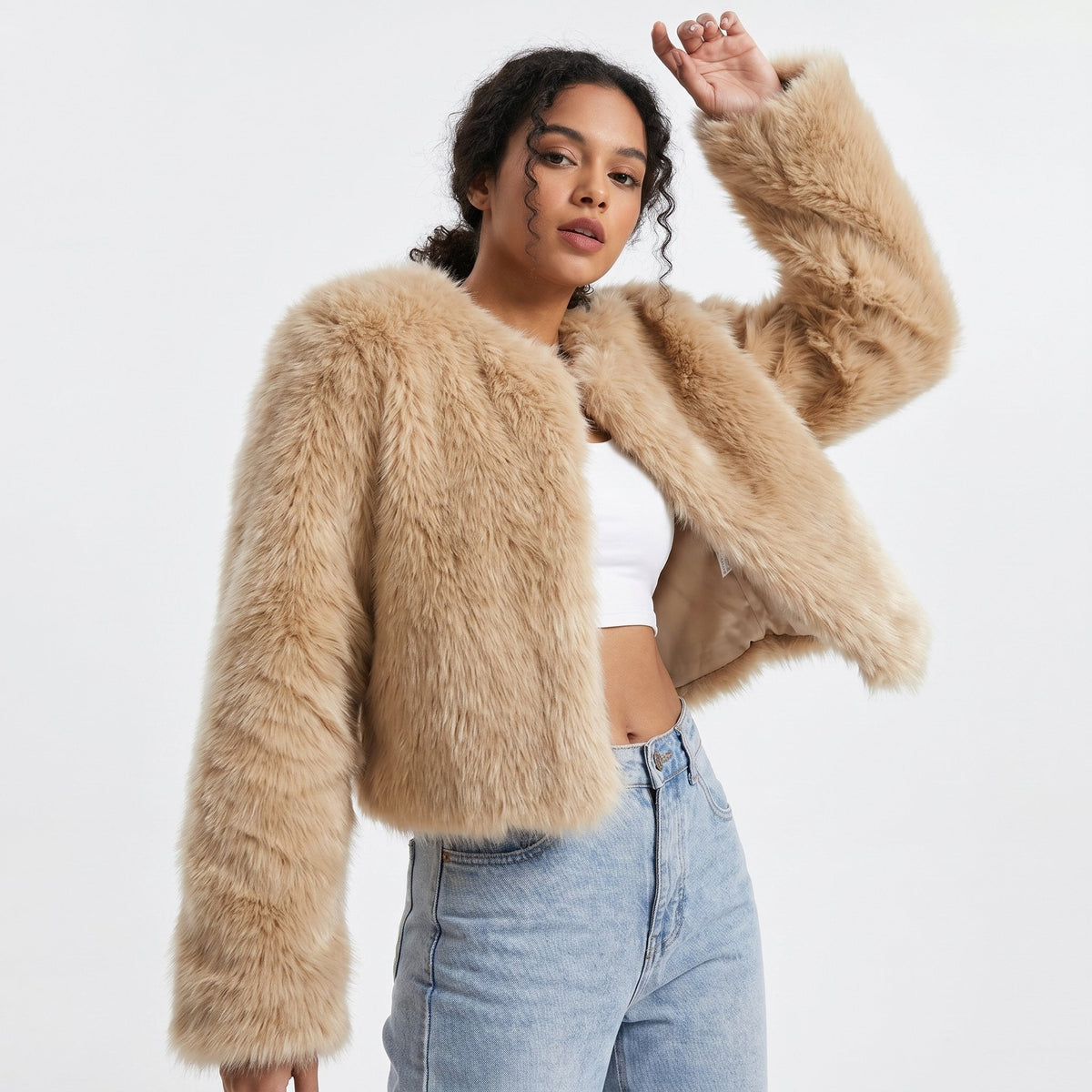 Open Front Cropped Faux Fur Long Sleeve Jacket 6