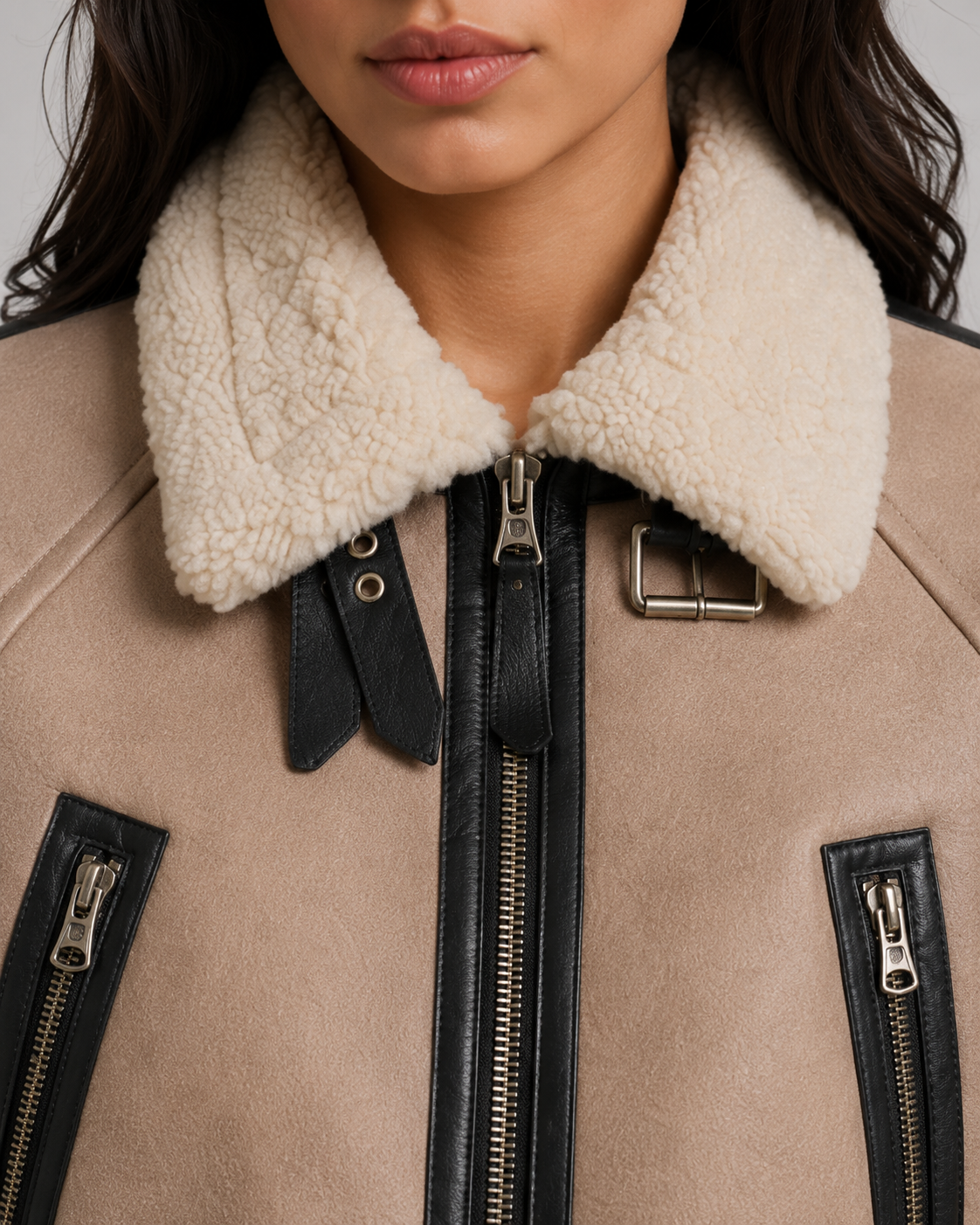 Cropped Faux Shearling Belted Aviator Jacket 2