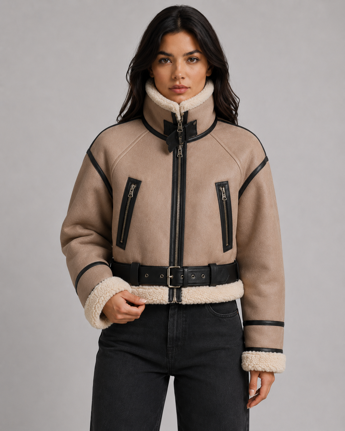 Cropped Faux Shearling Belted Aviator Jacket 4