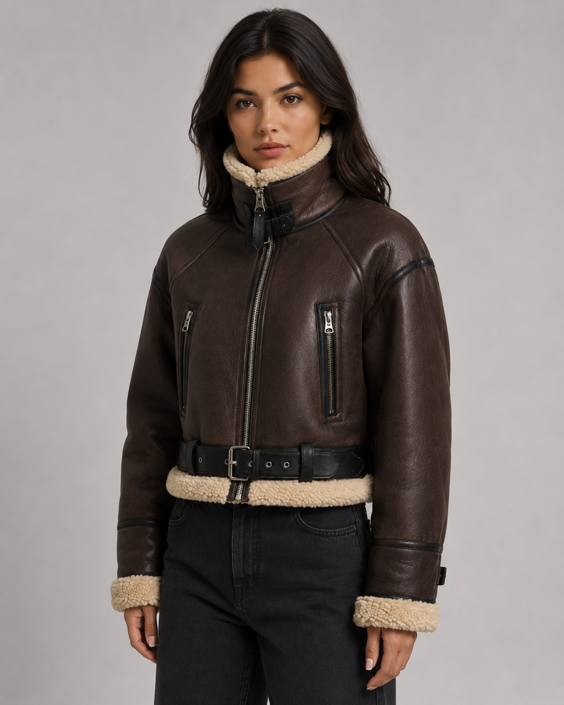 Cropped Faux Shearling Belted Aviator Jacket 6