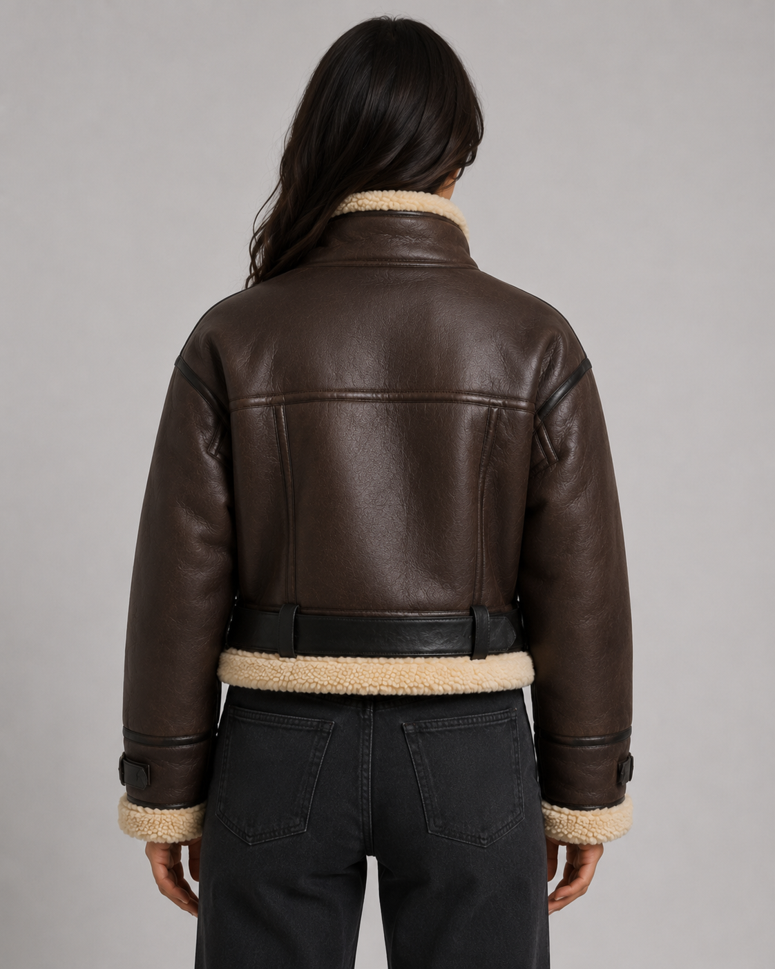 Cropped Faux Shearling Belted Aviator Jacket 7