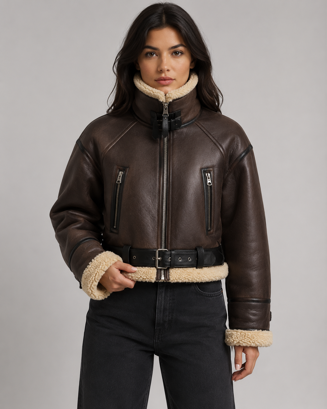 Cropped Faux Shearling Belted Aviator Jacket 8
