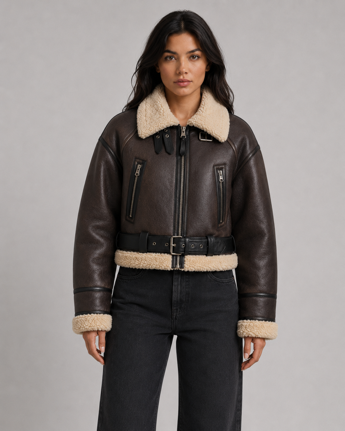 Cropped Faux Shearling Belted Aviator Jacket 9