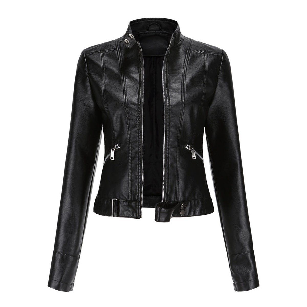 Stand Collar Zip Front Cropped Faux Leather Moto Jacket