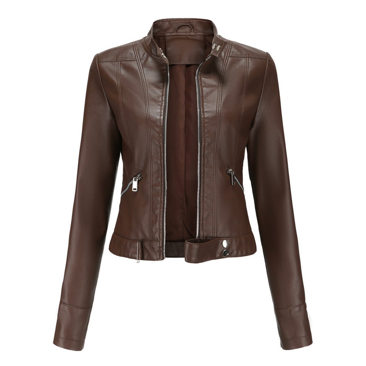 Stand Collar Zip Front Cropped Faux Leather Moto Jacket 3