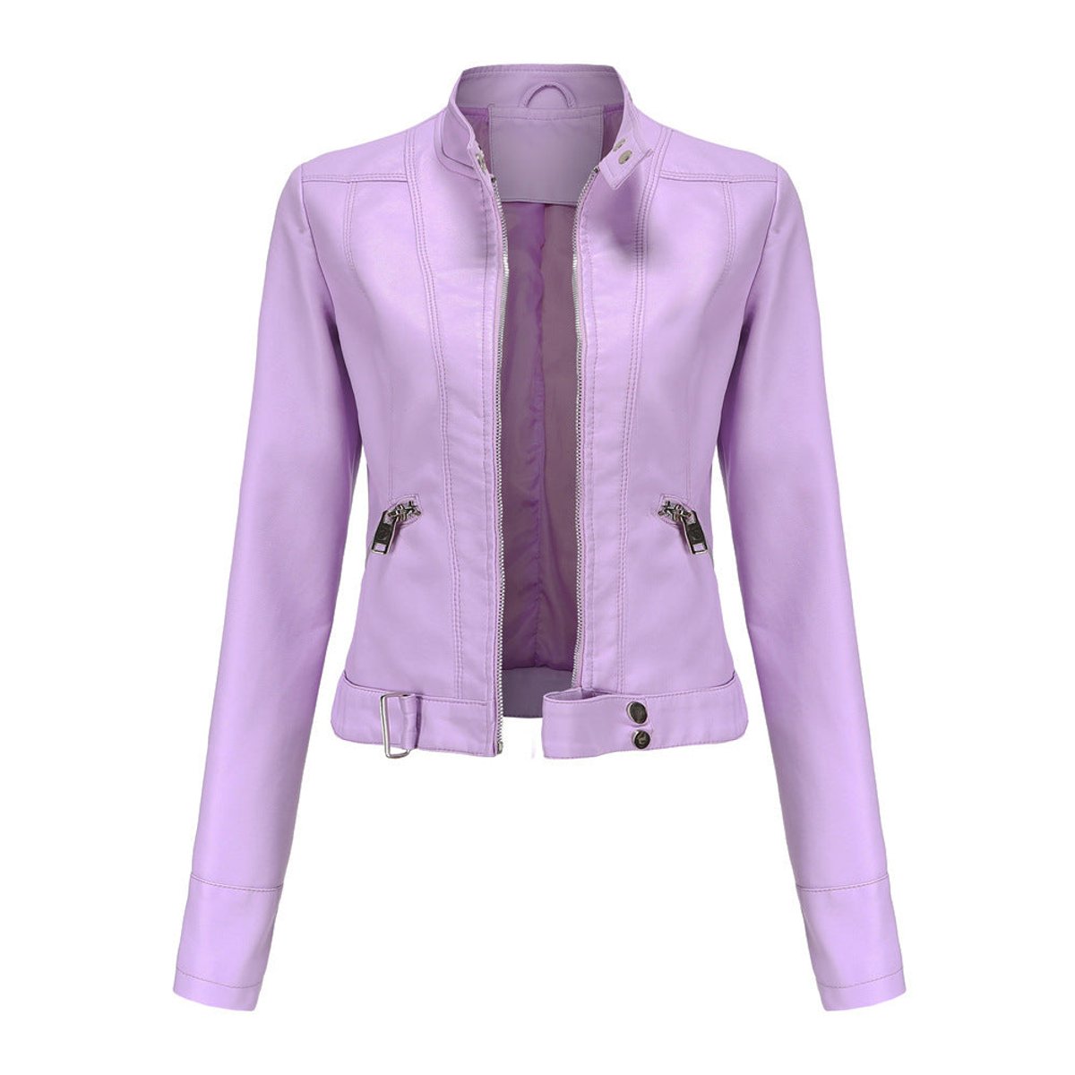 Stand Collar Zip Front Cropped Faux Leather Moto Jacket 4