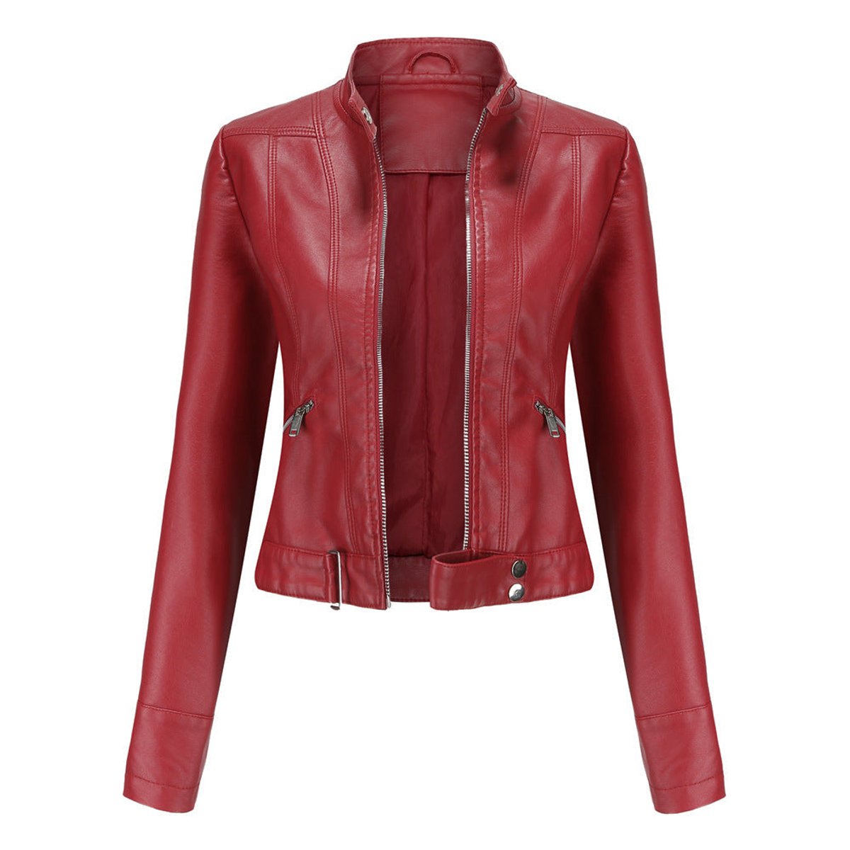 Stand Collar Zip Front Cropped Faux Leather Moto Jacket 5