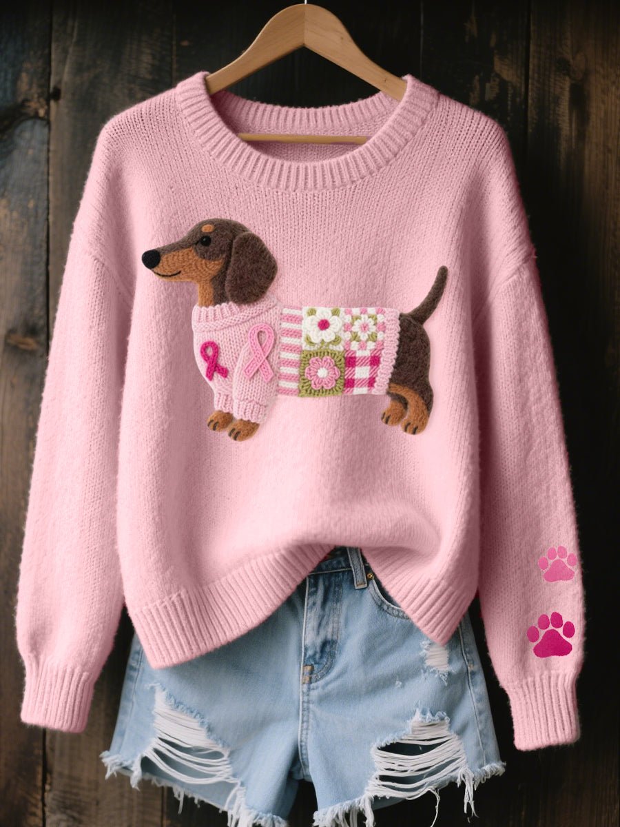 Dachshund Applique Crew Neck Knit Sweater