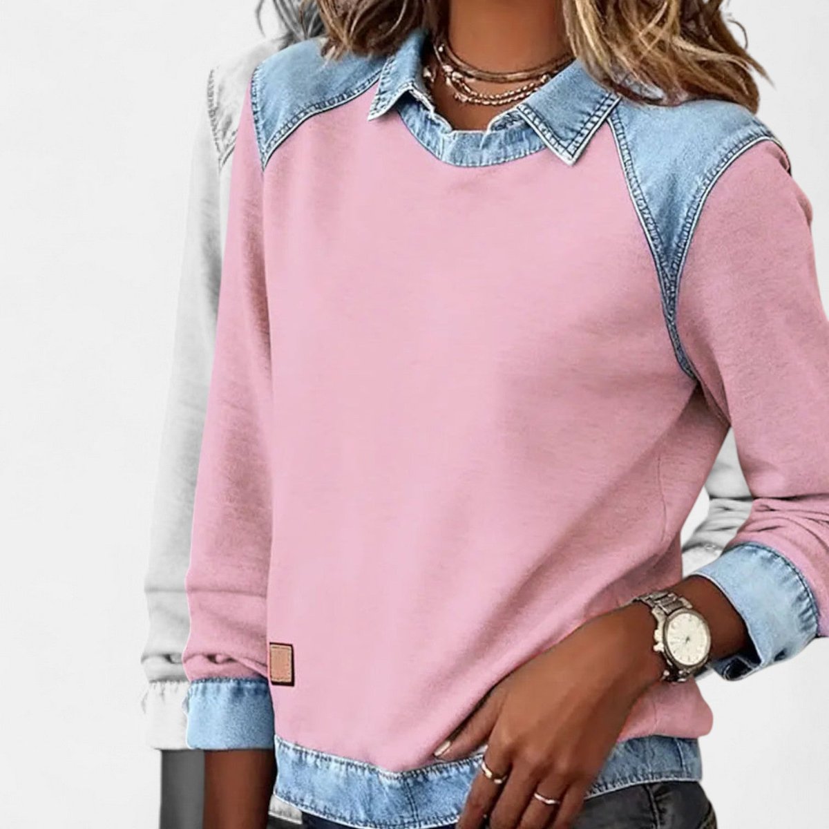 Denim Contrast Collar Crew Neck Long Sleeve Sweatshirt 16
