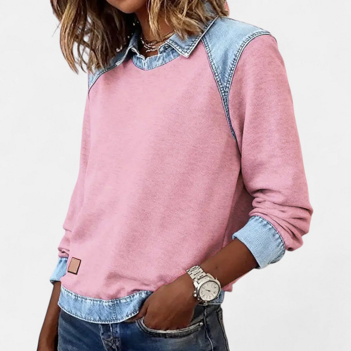 Denim Contrast Collar Crew Neck Long Sleeve Sweatshirt 17