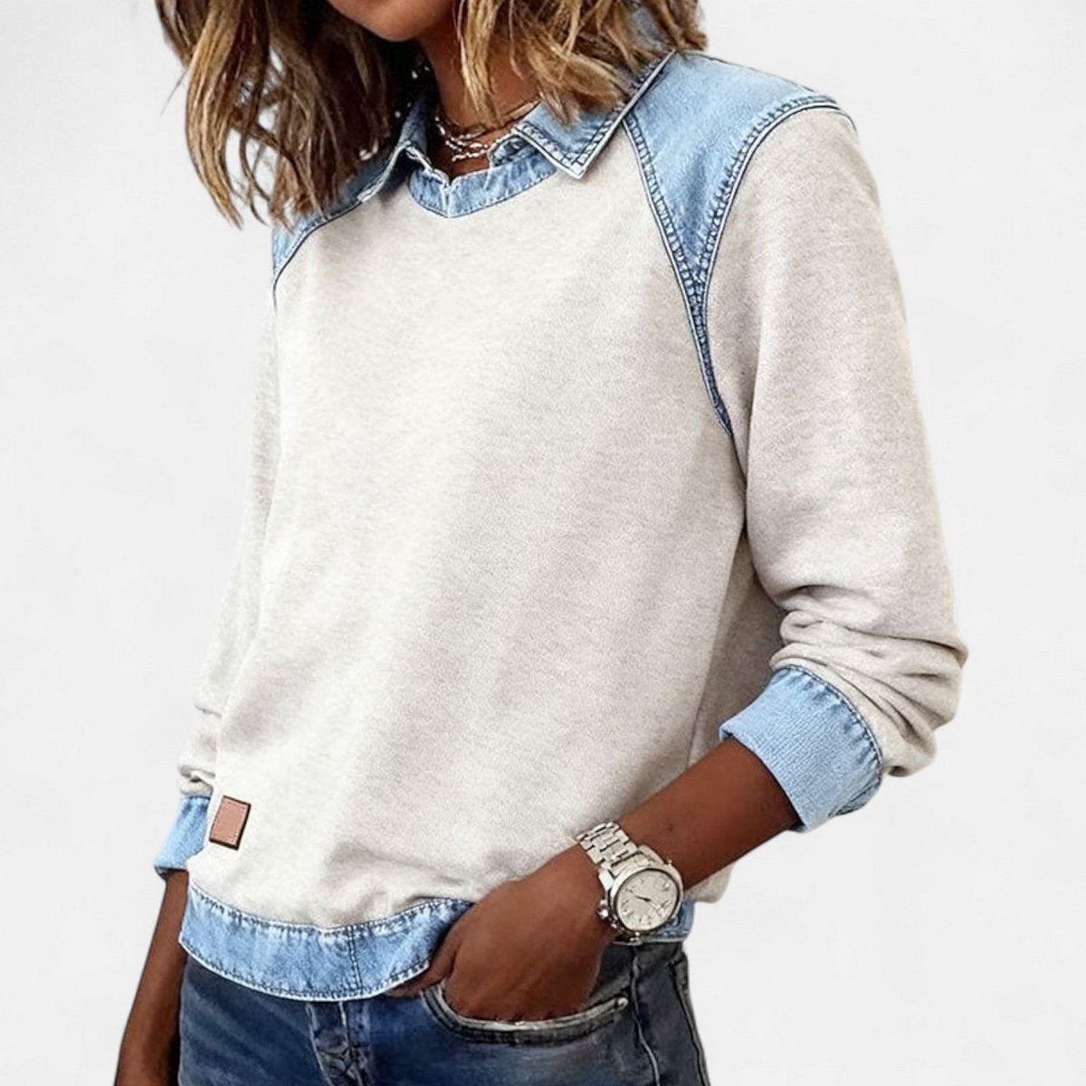 Denim Contrast Collar Crew Neck Long Sleeve Sweatshirt 2