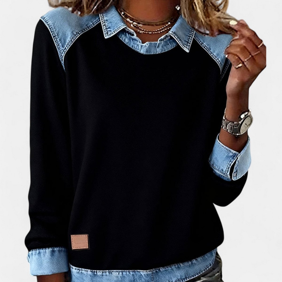Denim Contrast Collar Crew Neck Long Sleeve Sweatshirt 5
